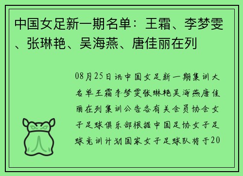 中国女足新一期名单：王霜、李梦雯、张琳艳、吴海燕、唐佳丽在列